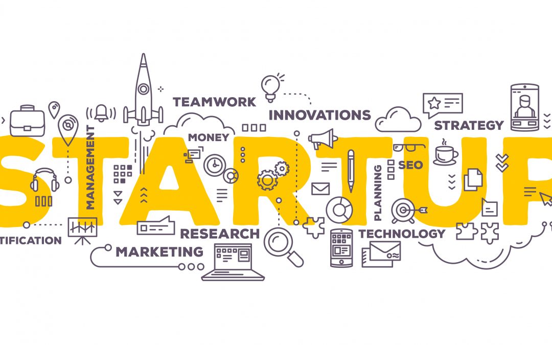 Vector creative illustration of business startup word lettering typography with line icons and tag cloud on white background. Startup technology concept. Thin line art style design for business startup, service development theme.